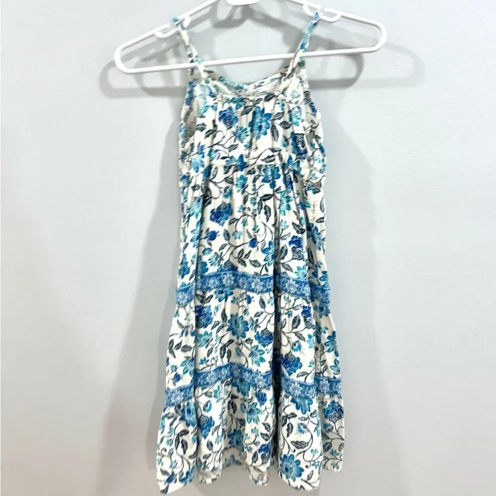 Old Navy girls white and blue floral cotton tiered boho midi sundress size small